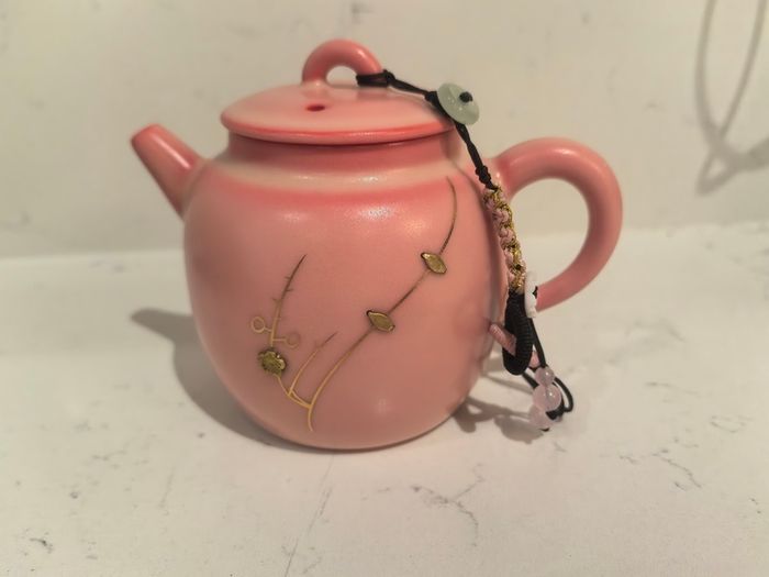 Pink Lard-Frost Ceramic Teapot with Chinese Intangible Cultural Heritage Kintsugi Craft