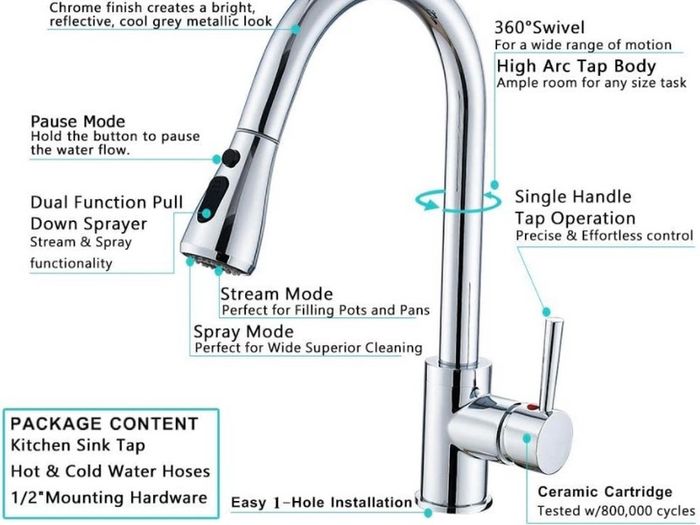 Kitchen Sink Mixer Tap with Pull Down Sprayer Chrome, Single Handle High Arc Pull Out Kitchen Taps, Single Level Solid Brass Kitchen Faucet (FREE POSTAGE)