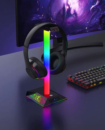 Headphone Stand Gaming Headset Holder PC Gaming Accessories for Desk, Cool LED Headset Stand with 2 USB Charger for Gamer
