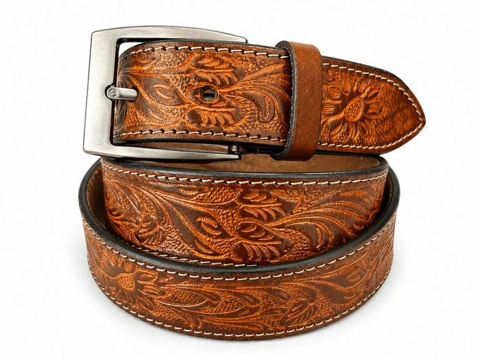Unisex Genuine Leather Belt Vintage Embossed Design with Antique Buckle Casual & Formal Waist Belt