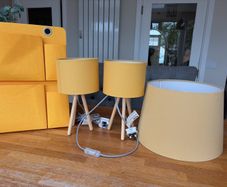 Mustard Yellow Home Decor Set   2x Tripod Lamps, Large Shade & Magazine Holder