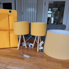 Mustard Yellow Home Decor Set   2x Tripod Lamps, Large Shade & Magazine Holder
