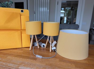 Mustard Yellow Home Decor Set   2x Tripod Lamps, Large Shade & Magazine Holder