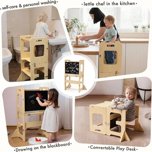 Learning Tower for Children, Foldable Montessori Learning Tower, 3 in 1 Learning Stool with Blackboard, Montessori Kitchen Helper Learning Tower from 18 Months (Wood)