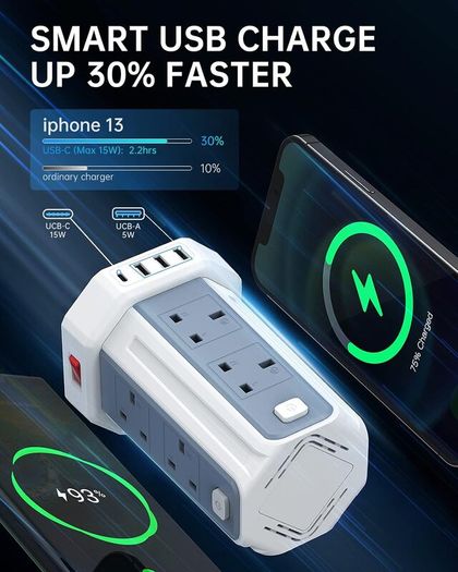Tower Extension Lead 5M, (13A 3250W), 8 AC Outlets and 4 USB Ports Extension Tower, Surge Protection with 4 Independent Control Switch, Extension Cable for Office, Home, Kitchen