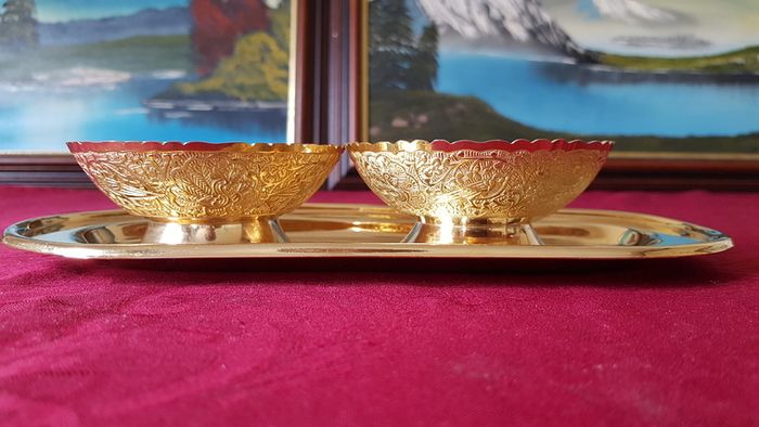 Antique Ornate And Engraved Solid Brass Footed Bowls With Underplate