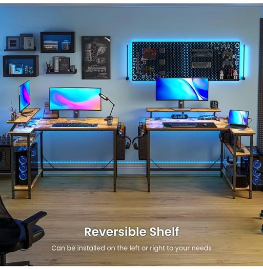 L Shaped Gaming Desk with LED Lights & Power Outlets, 120x80cm