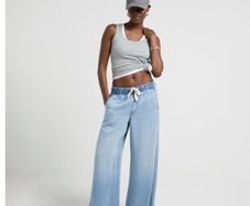 RIVER ISLAND blue drawstring wide leg jeans SZ18 New