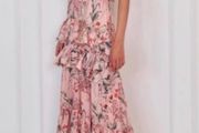 H&amp;M Johanna Ortiz Silky Pink Floral One Shoulder Ruffle Maxi sz12