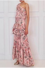 H&M Johanna Ortiz Silky Pink Floral One Shoulder Ruffle Maxi sz12