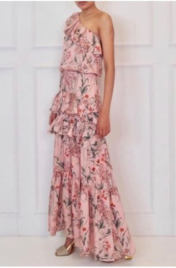 H&M Johanna Ortiz Silky Pink Floral One Shoulder Ruffle Maxi sz12