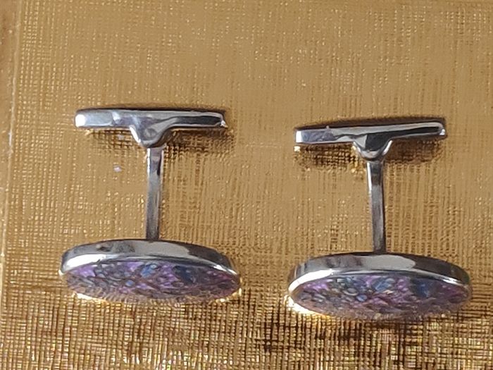 Duchamp London silver tone cufflinks with enamelled lavender & blue flowers pattern