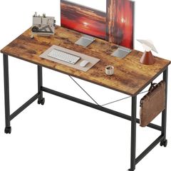 100 cm Computer Desk With Wheels, Gaming Desk for Small Spaces, Modern Simple Style Desk for Home Office, Study Student Writing Desk,Brown