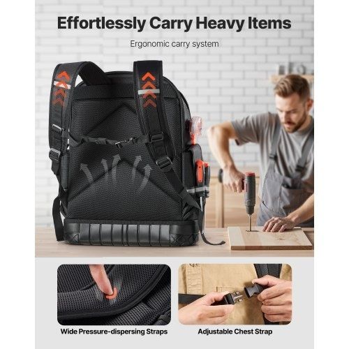 Tool Backpack, 64 Pockets, Heavy-duty Tools Storage Organizer Work Bags with Laptop Compartment & Molded Base, Electrician Jobsite Backpack for Electrician, Repairman, and HVAC Techs