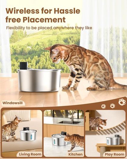 Wireless Cat Water Fountain for Drinking, 3.2L Cat Fountain Stainless Steel Cordless Pet Water Dispenser Battery Operated Motion Sensor Silent Rechargeable Water Fountain for Cats