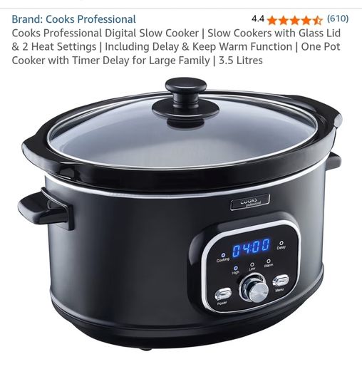 Cooks Professional Digital Slow Cooker | Slow Cookers with Glass Lid & 2 Heat Settings | Including Delay & Keep Warm Function | One Pot Cooker with Timer Delay for Large Family | 3.5 Litres