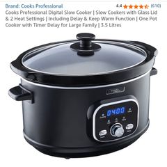 Cooks Professional Digital Slow Cooker | Slow Cookers with Glass Lid & 2 Heat Settings | Including Delay & Keep Warm Function | One Pot Cooker with Timer Delay for Large Family | 3.5 Litres