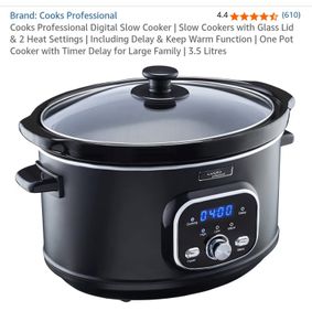 Cooks Professional Digital Slow Cooker | Slow Cookers with Glass Lid & 2 Heat Settings | Including Delay & Keep Warm Function | One Pot Cooker with Timer Delay for Large Family | 3.5 Litres