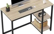 Computer Desk 100cm with 2-Tier Shelves Sturdy Home Office Desk with Large Storage Space Modern Gaming Desk Study Writing Laptop Table for Small Spaces, Oak