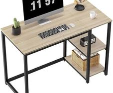 Computer Desk 100cm with 2-Tier Shelves Sturdy Home Office Desk with Large Storage Space Modern Gaming Desk Study Writing Laptop Table for Small Spaces, Oak