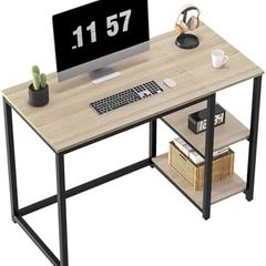 Computer Desk 100cm with 2-Tier Shelves Sturdy Home Office Desk with Large Storage Space Modern Gaming Desk Study Writing Laptop Table for Small Spaces, Oak