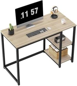Computer Desk 100cm with 2-Tier Shelves Sturdy Home Office Desk with Large Storage Space Modern Gaming Desk Study Writing Laptop Table for Small Spaces, Oak