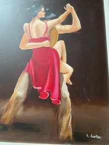 A dramatic figurative painting of two tango dancers