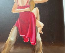 A dramatic figurative painting of two tango dancers