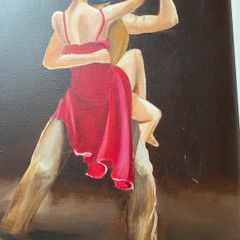 A dramatic figurative painting of two tango dancers