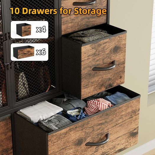 10 Drawers Dresser with Mesh Doors, Fabric Chest of Drawers for Bedroom, Sturdy Metal Frame Storage Cabinet