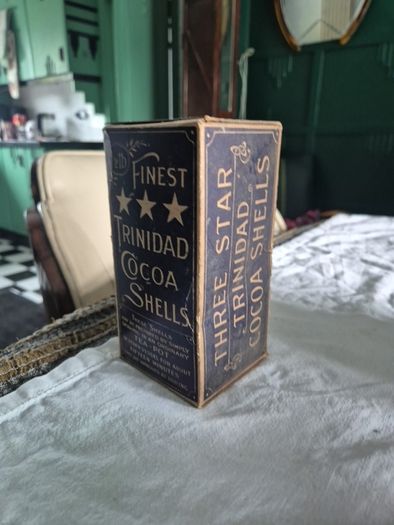 Antique Vintage Trindad cocoa shells cardboard packaging with product