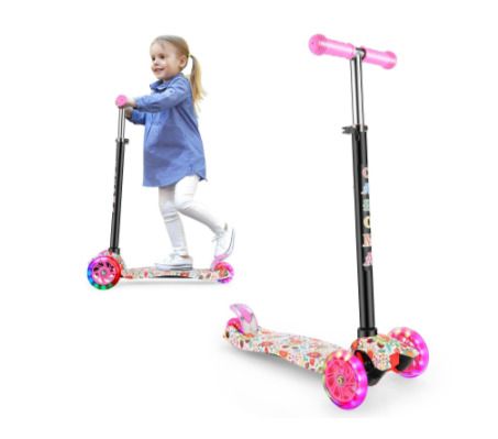 CAROMA Scooter for Kids, 3 Wheel Foldable Toddler Scooter for Boys and Girls Ages 3-12 Years Old, with 4 Height Adjustable, LED Flashing Wheels and Lean-to-Steer