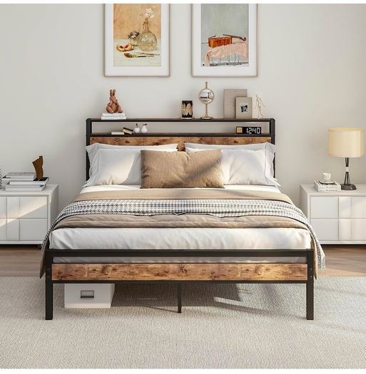 King Size Bed Frame with Storage Wooden Headboard,Bed