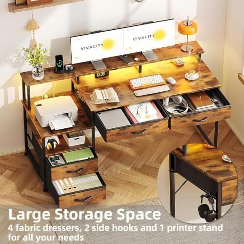 Computer desk with Power Outlet and Drawers Charging Station, LED Light