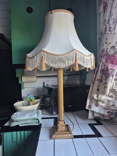 Tall lamp Vintage Gold metal Neoclassical  column lamp with silk called fringed tassled shade