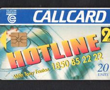 1996 Ireland 20 unit 2FM's Hotline Radio Show presented by Tony Fenton (Gemplus GEM1) Call Card Used. Telecom Eireann card number 1119