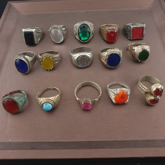 Antique Brass Rings Lot of 15 Mixed Gemstone & Glass Collectible Rings