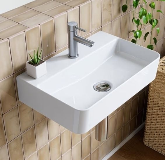 Bathroom Ceramic Wash Basin Sink White, 46x31cm) - Countertop or Wall Mounted Rectangular Basin,Slim Edge & Storage Ledge Design White, 46  31cm