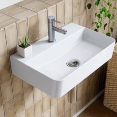 Bathroom Ceramic Wash Basin Sink White, 46x31cm) - Countertop or Wall Mounted Rectangular Basin,Slim Edge & Storage Ledge Design White, 46  31cm