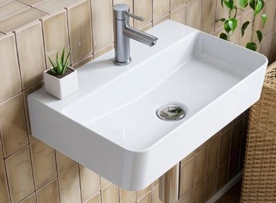 Bathroom Ceramic Wash Basin Sink White, 46x31cm) - Countertop or Wall Mounted Rectangular Basin,Slim Edge & Storage Ledge Design White, 46  31cm