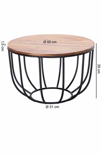 Rustic Solid Wood Coffee Table with Metal Base 60cm Round
