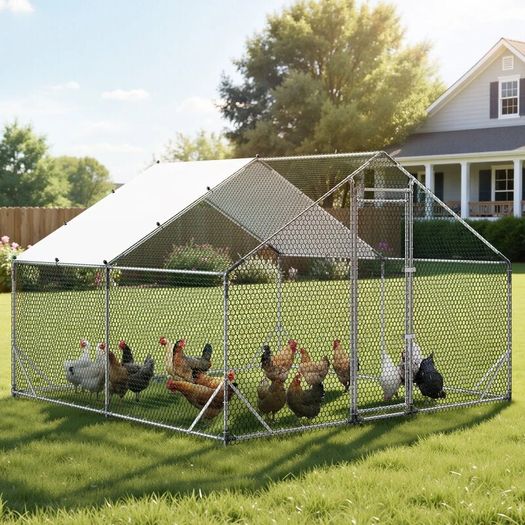 Large Metal Chicken Coop 3 x 3 x 2 m  Walk-in Chicken Run House with Waterproof Cover and Sturdy Frame
