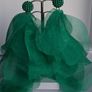 Green Pearl Cluster Stud Glass Inlay Extravagant Chiffon Petal Tassel Earrings Image 4