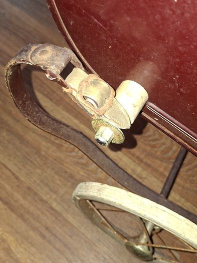 Antique Burgundy Doll's Pram, Manufactured by Walker around the 1940s, It features a Coach-Built Style Carriage with distinctive Wire-Spoke Wheels and Hard Rubber Tires Collection Only