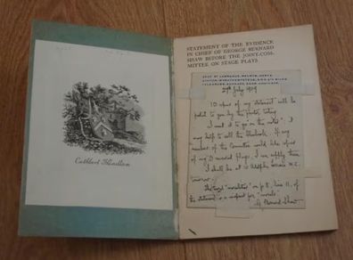 George Bernard Shaw and Stage Censorship. Two Copies of the Privately Printed "Statement of the Evidence of George Bernard Shaw Before the Joint-Committee on Stage Plays (Censorship and Theatre Licensing)" and Three A.L.S. From Shaw