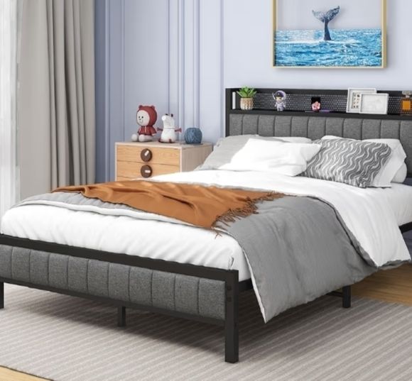 Double Bed Frame with Storage Headboard Shelf, 4ft6 Upholstered Bed Frame Doule Bed with Metal Slats Enhanced Support, No Box Spring Needed, Gray Double Bed