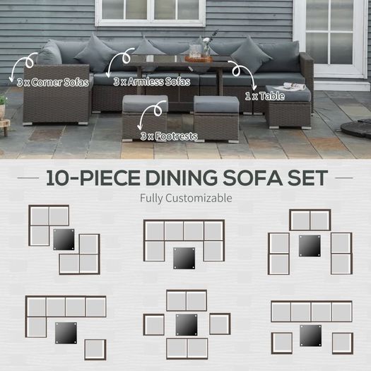 MASSIVE SUMMER SALE 10PCs Garden Rattan Corner Dining Sofa Set 9-Seater Patio Furniture Set Glass Table Stools w/ Cushions & Pillow