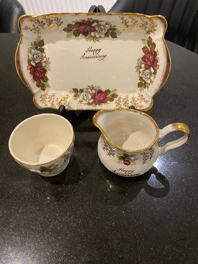 Old  H Aynsley and Co Happy Anniversary trio  tray jug and sugar bowl