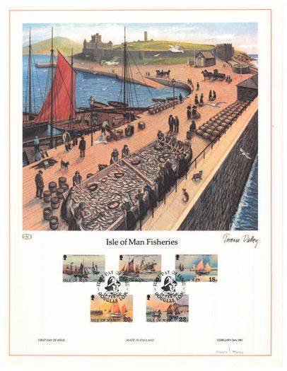 1981 Isle of Man Limited Edition Lithographed Print measuring 333mm X 257 showing Centenary of Royal National Mission to Deep Sea Fisherman Commemorative Stamp with First Day of Issue Cancel