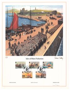 1981 Isle of Man Limited Edition Lithographed Print measuring 333mm X 257 showing Centenary of Royal National Mission to Deep Sea Fisherman Commemorative Stamp with First Day of Issue Cancel